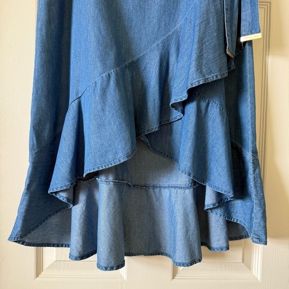 Michael Kors Chambray Ruffled Asymmetrical Maxi Skirt Size S Waist Tie Blue - Picture 5 of 13